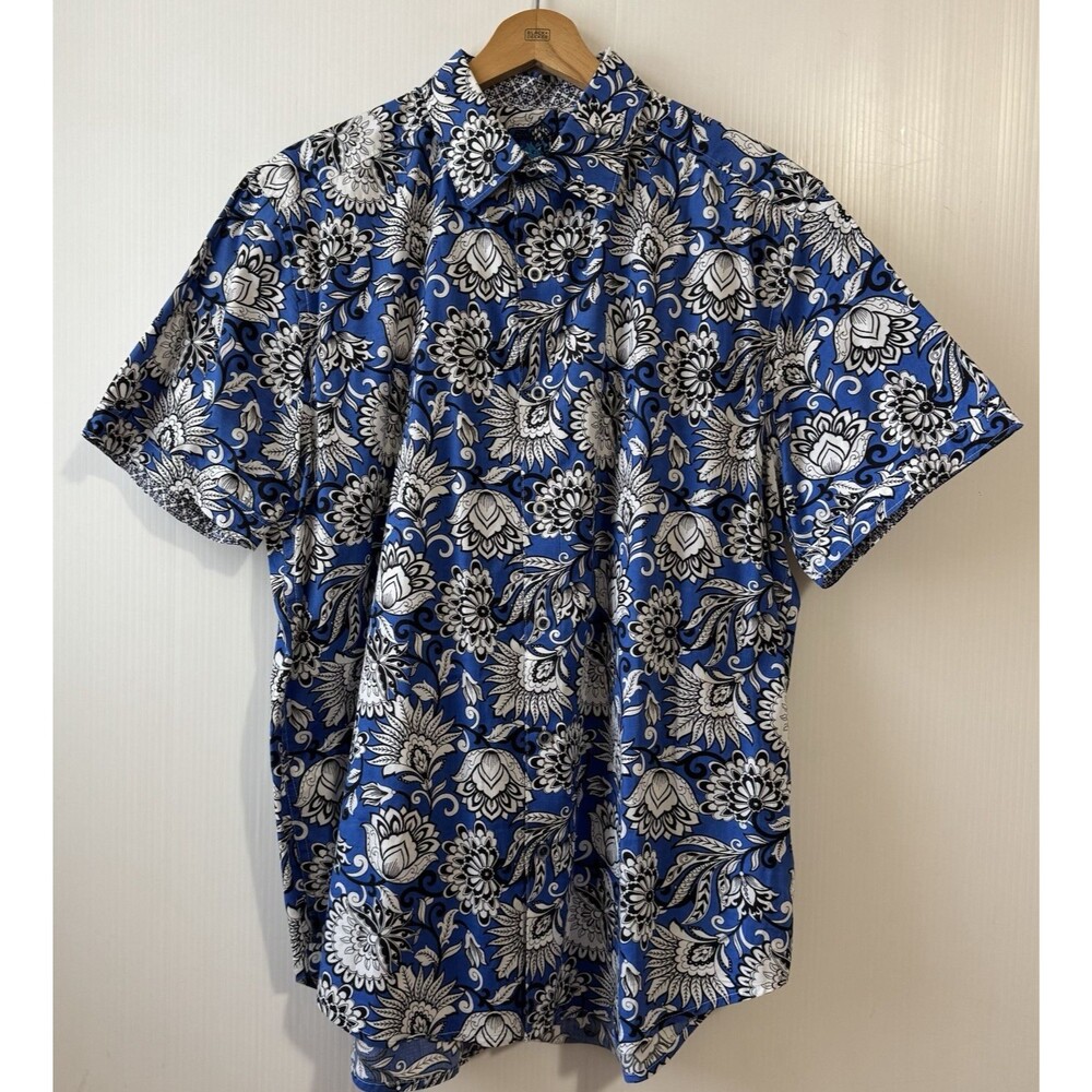 Robert Graham "Crossett" Men's Blue Flowers Short Sleeve Classic Fit Shirt Sz L